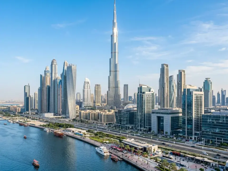 Dubai skyline with Burj Khalifa beside the water