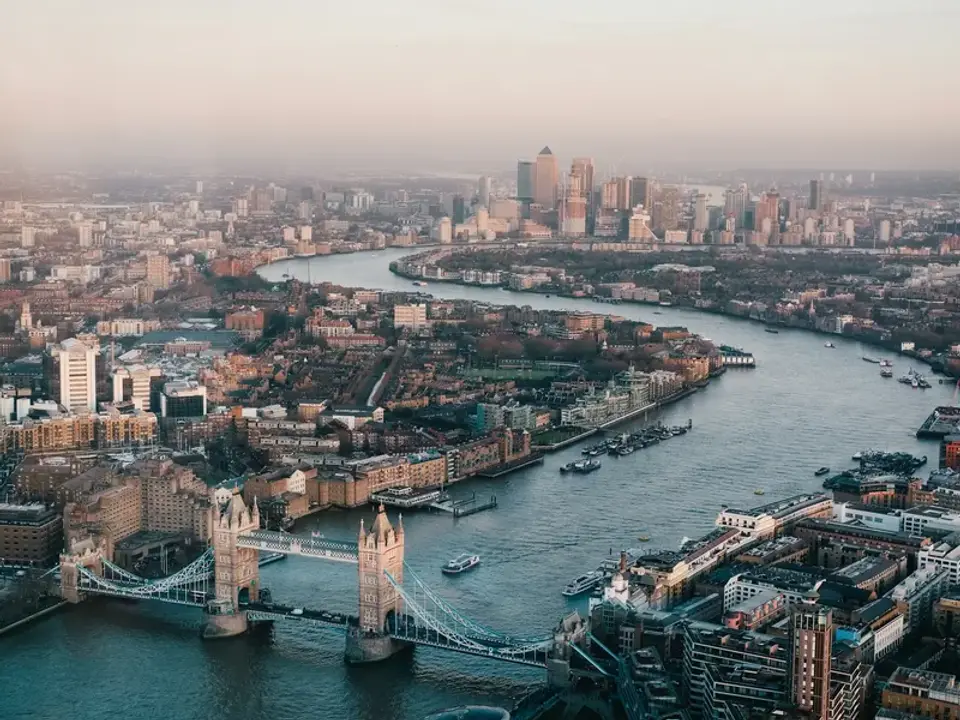 Aerial view of the River Thames and Tower Bridge in London