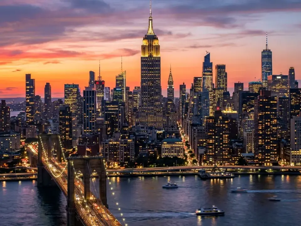 Manhattan skyline at sunset with the Brooklyn Bridge