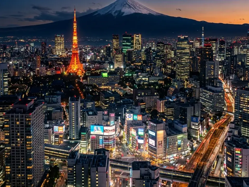 Tokyo at night with Tokyo Tower lit above the city streets